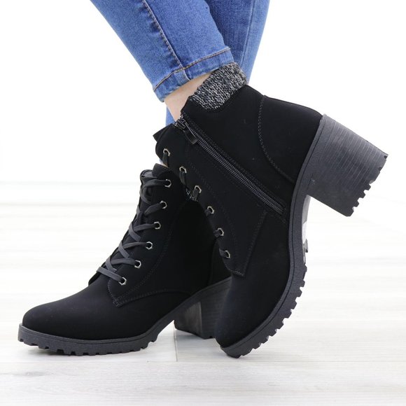 Nubuck Lug Chunky Heel Warm Lining Black Ankle Booties - Picture 9 of 12